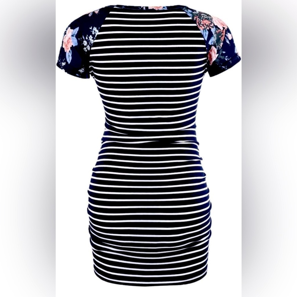 NWT- Navy Striped Ruched Maternity Top with Floral Accents - Picture 2 of 2